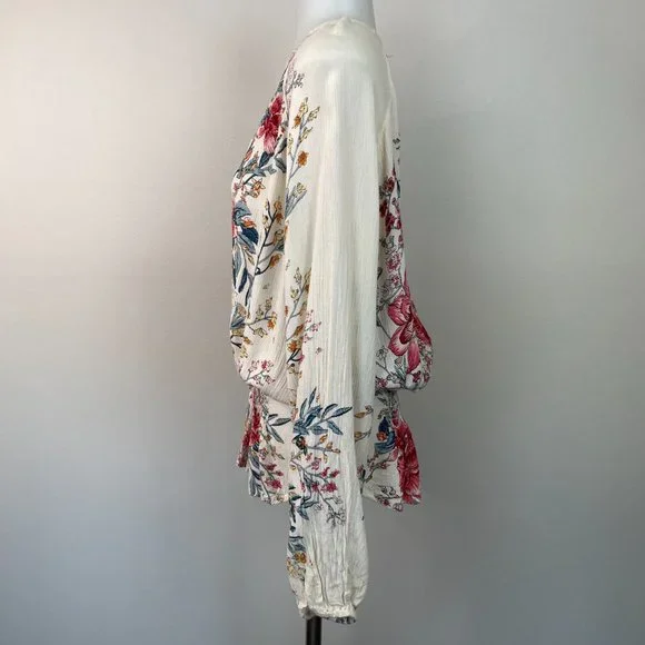 Billabong Top Small Play Day Blouse Floral Pink Ivory Long Sleeve Women's - Picture 5 of 14